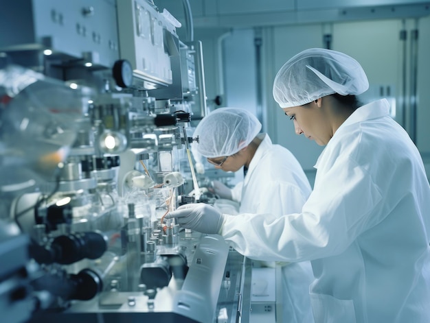 duas mulheres de jaleco branco estão trabalhando em um laboratório com equipamento de laboratório.