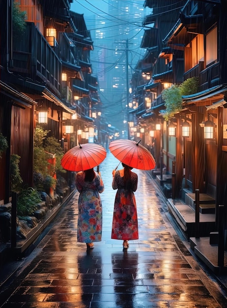 duas mulheres de kimono caminhando pela rua com guarda-chuvas vermelhos no estilo da fotografia noturna