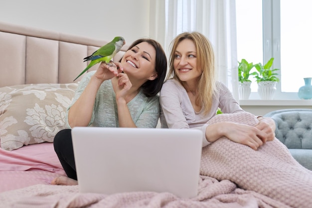 Duas mulheres de meia idade com papagaio olhando para a tela do laptop sentado na cama em casa