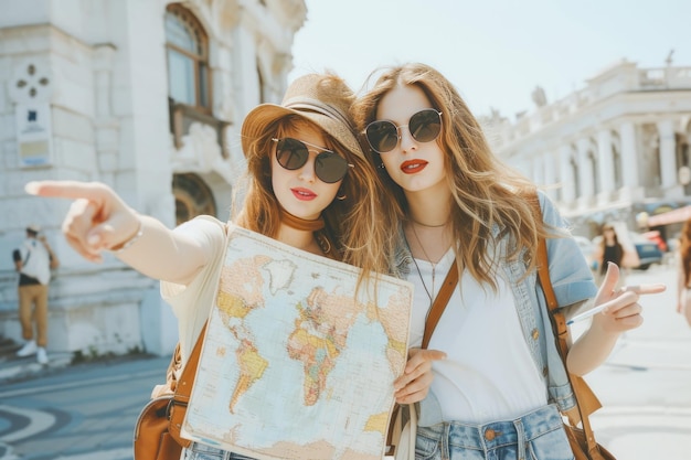 duas mulheres de óculos de sol segurando um mapa e sorrindo