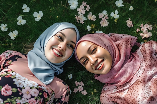 Duas mulheres deitadas na grama, uma de hijab e a outra de hijab.