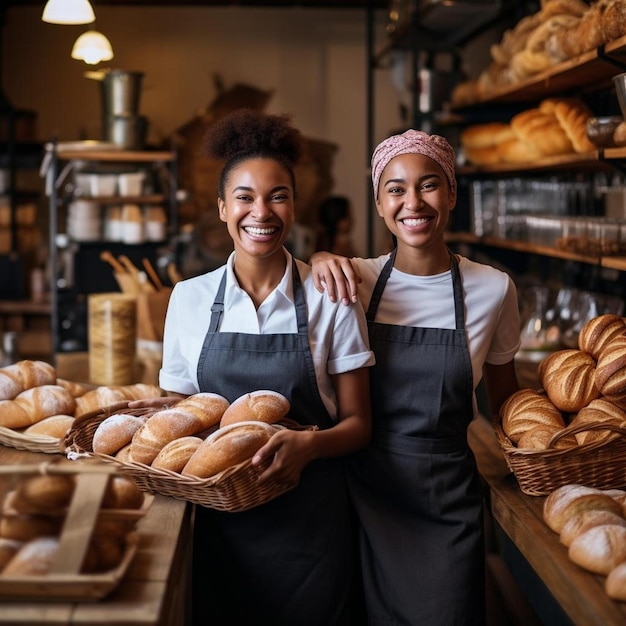 duas mulheres em frente a uma padaria com pão na frente deles