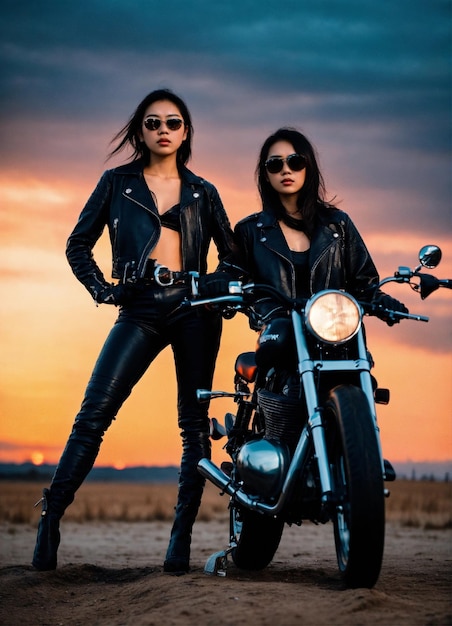 duas mulheres em jaquetas de couro estão posando com uma motocicleta