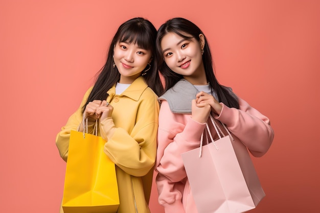Duas mulheres em pé com sacolas de compras em um fundo rosa