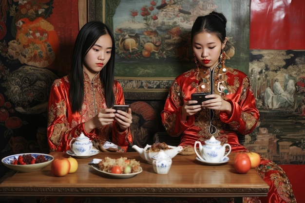 Duas mulheres em roupas tradicionais chinesas engajadas em atividades modernas