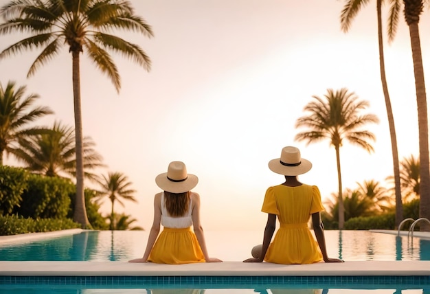 Foto duas mulheres em seus 20 anos com cabelo de comprimento médio sentadas à beira de uma piscina ao pôr do sol