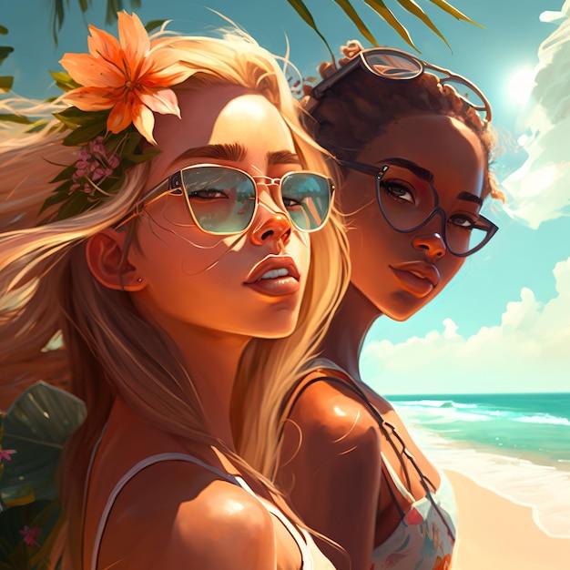 Duas mulheres em uma praia com palmeiras ao fundo