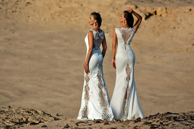 Duas mulheres em vestidos brancos vista traseira posando no deserto