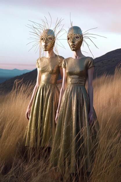 duas mulheres em vestidos com máscaras que dizem máscaras