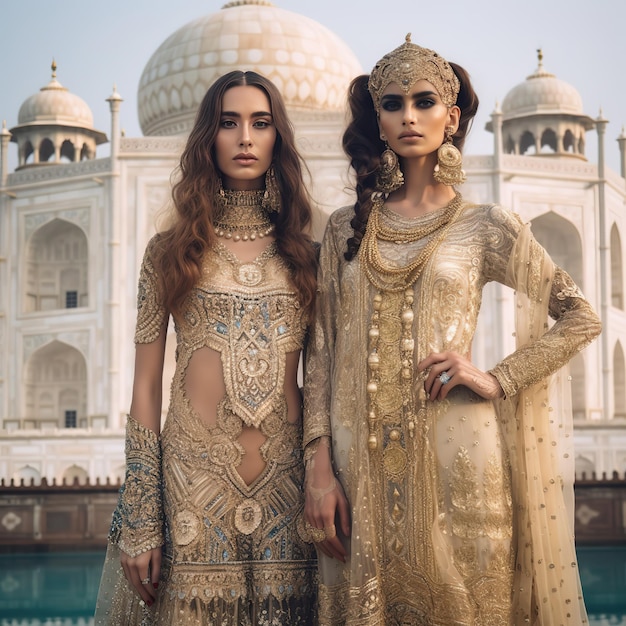 Duas mulheres em vestidos dourados estão em frente a um taj mahal.