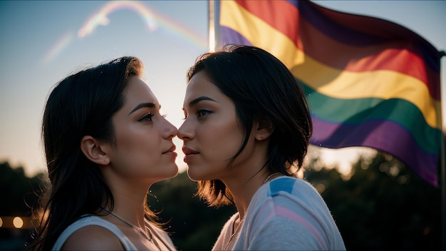 Foto duas mulheres em vestidos uma das quais está vestindo um top vermelho e branco casal de lésbicas