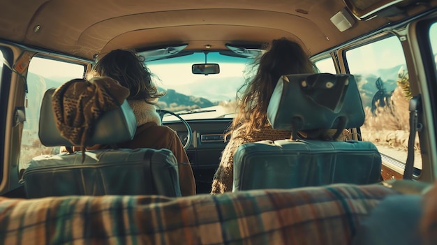 Duas mulheres estão a conduzir uma carrinha pelas montanhas, com as janelas abertas e a desfrutar do ar fresco.