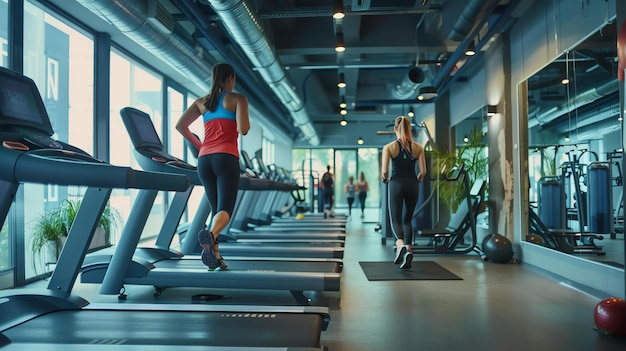 Duas mulheres estão correndo em esteiras em um ginásio moderno. Ambas estão vestindo roupas esportivas. Há outras pessoas no ginásio, mas elas não estão em foco.