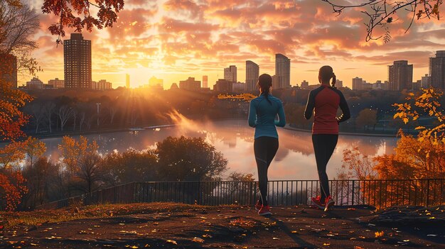 Duas mulheres estão correndo em um parque no outono o sol está a pôr-se e as folhas das árvores estão a ficar castanhas e laranjas