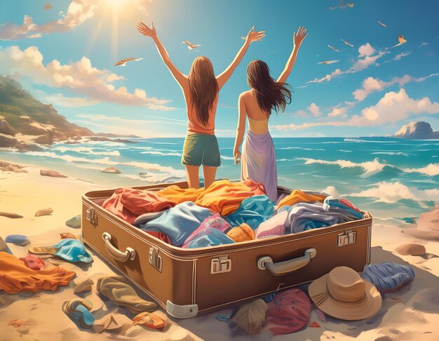 Duas mulheres estão numa praia com uma mala que diz "viagem"