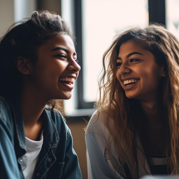 Duas mulheres estão rindo e uma está vestindo uma camisa branca.