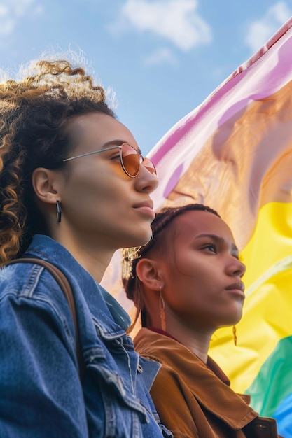 Duas mulheres estão segurando uma bandeira arco-íris e usando óculos de sol