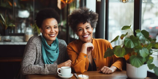 Duas mulheres estão sentadas dentro de casa ao lado da mesa.