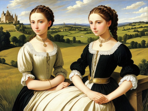Duas mulheres estão sentadas em um campo e uma está usando um vestido preto com detalhes em branco.