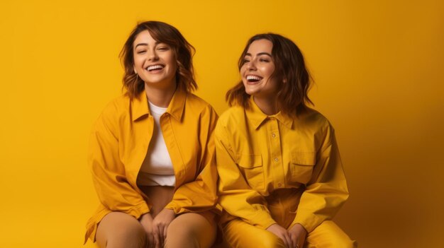 Duas mulheres estão sentadas em um fundo amarelo, uma delas está vestindo amarelo.