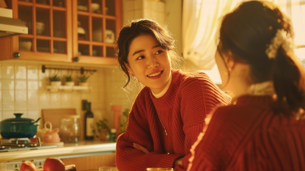 Duas mulheres estão sentadas em uma mesa da cozinha uma delas sorrindo