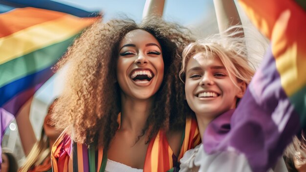 Foto duas mulheres estão sorrindo e rindo em um festival de orgulho gay.