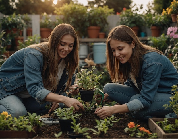 Foto duas mulheres estão trabalhando em um jardim com plantas e flores