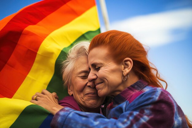 Duas mulheres idosas apaixonadas, uma de cabelos ruivos, abraçando a de cabelos grisalhos, tendo como pano de fundo uma bandeira de arco-íris e o céu