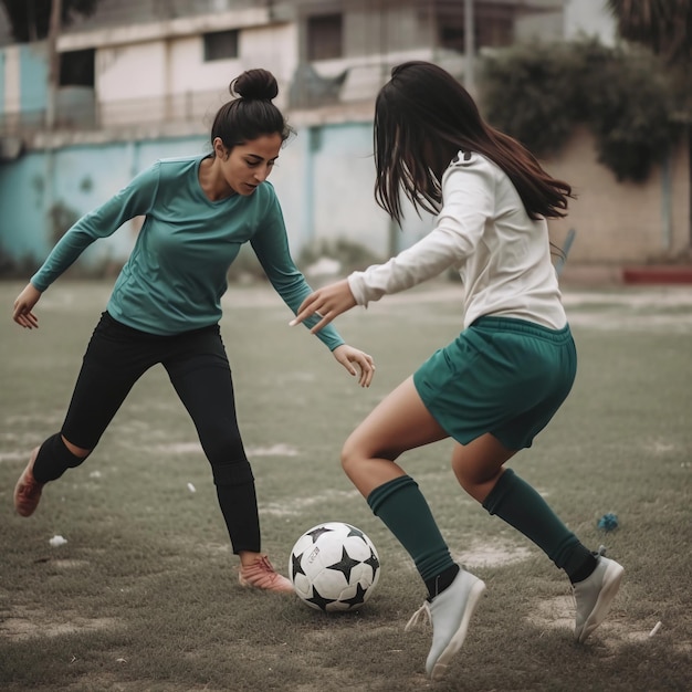 Duas mulheres jogando futebol, uma de saia verde e a outra de camisa verde.