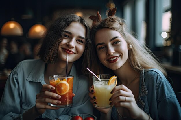 Duas mulheres jovens a beber coquetéis num bar.