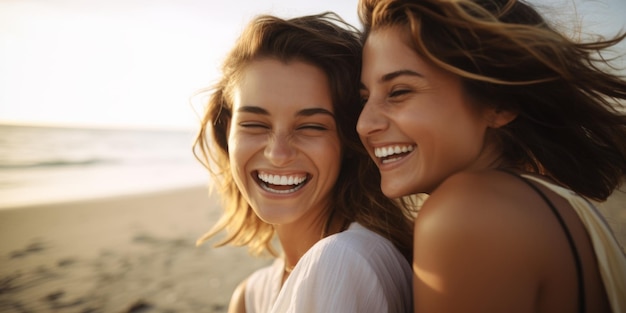 Duas mulheres jovens apaixonadas abraçadas na praia retrato em close de lésbicas IA generativa