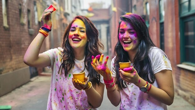 Duas mulheres jovens brincando e desfrutando com cores holi