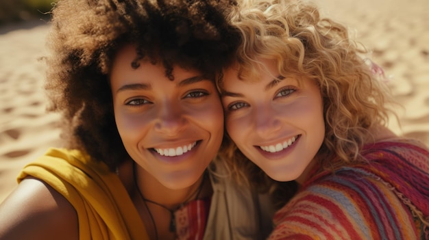 Foto duas mulheres jovens com cabelos encaracolados sorrindo para a câmera