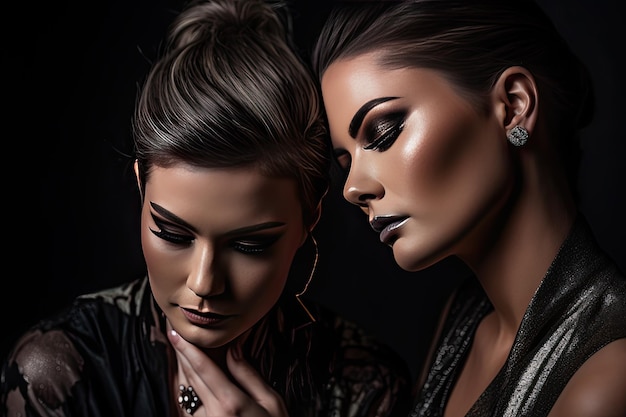 Duas mulheres jovens com maquiagem nos rostos estão posando