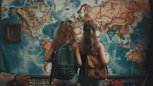 Foto duas mulheres jovens com mochilas estão de pé em frente a um mapa do mundo eles estão olhando para o mapa e planejando sua próxima aventura