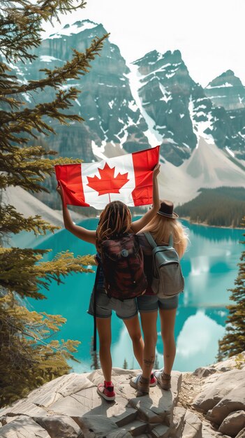 Foto duas mulheres jovens com uma bandeira canadense contra o fundo de um lago de montanha