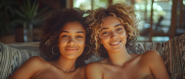 Foto duas mulheres jovens conversando e rindo em um sofá em casa conceito amizade estilo de vida interior conversas casuais momentos felizes ambiente relaxante