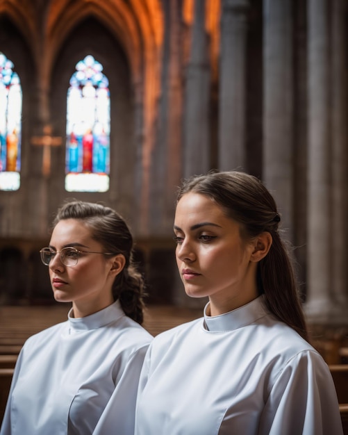 Foto duas mulheres jovens de vestes brancas de pé em uma igreja