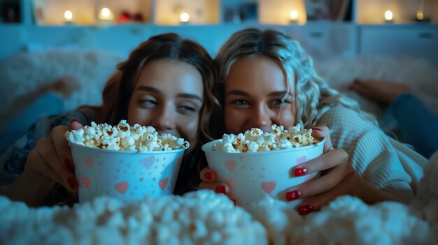 Duas mulheres jovens estão vendo um filme e comendo pipocas estão sentadas em um sofá e estão ambas sorrindo