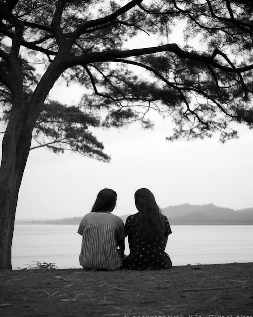 Duas mulheres jovens sentadas uma ao lado da outra em frente à praia Conceito de amizade de felicidade