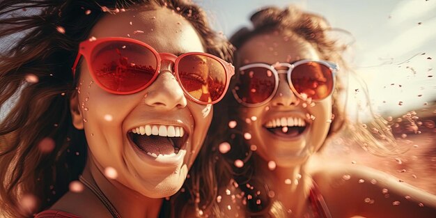 Foto duas mulheres jovens sorrindo e usando óculos de sol na praia no estilo de pigmentação explosiva