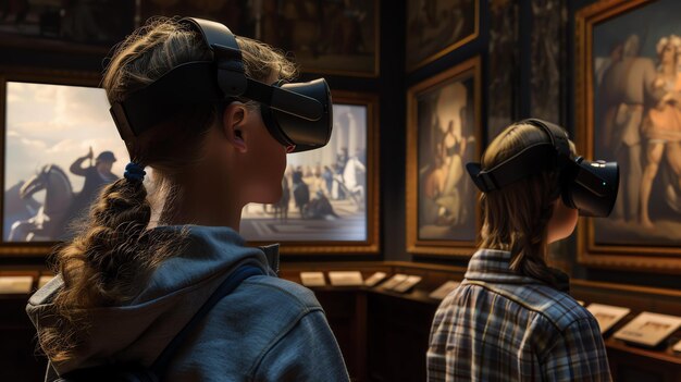 Duas mulheres jovens usando fones de ouvido de realidade virtual exploram um museu de arte