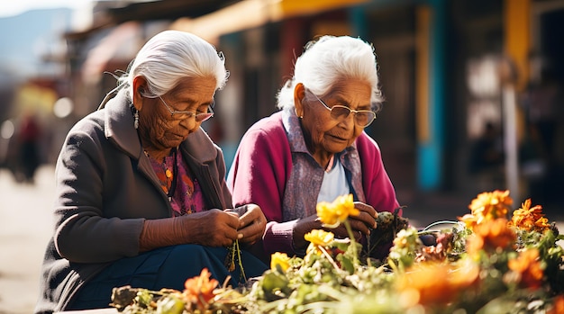 Duas mulheres latino-americanas vendendo flores em um mercado local em sua cidade, ambas usando óculos.