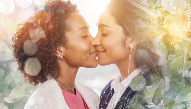 Duas mulheres LGBT estão se beijando e compartilhando um momento apaixonado e íntimo