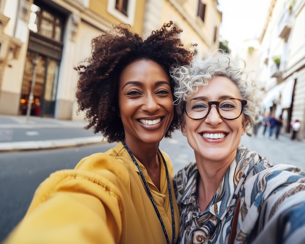 duas mulheres maduras em uma velha rua italiana fazendo selfie