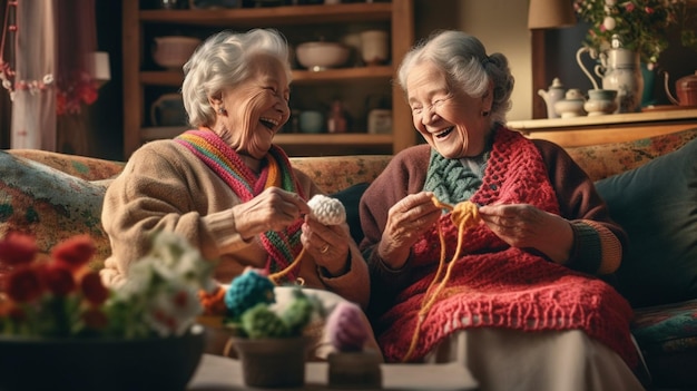 Duas mulheres mais velhas estão sentadas em um sofá, tricotando e sorrindo.