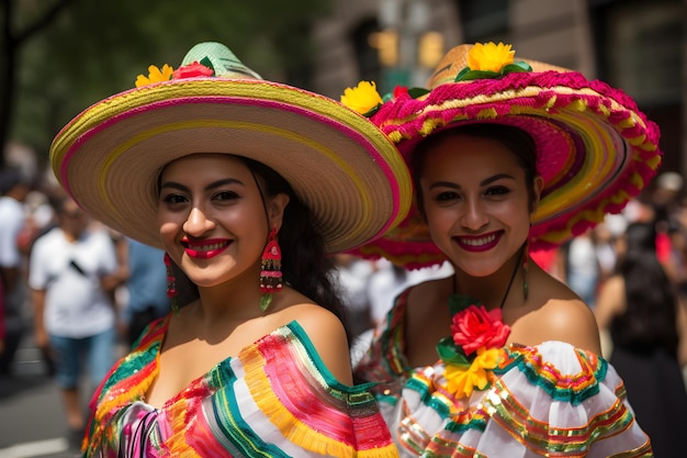 Duas mulheres mexicanas usando sombrero tradicional e poncho mexicano Generative AI