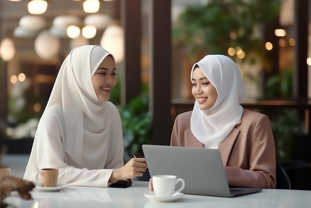 Foto duas mulheres muçulmanas asiáticas de negócios usando laptop e tablet para trabalhar juntas no escritório respeitam uma