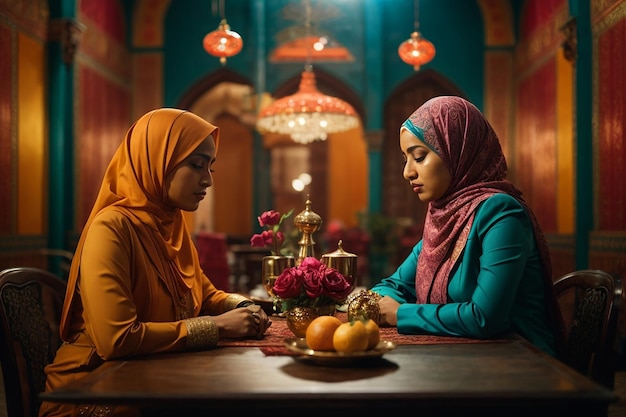 Duas mulheres muçulmanas sentadas à mesa