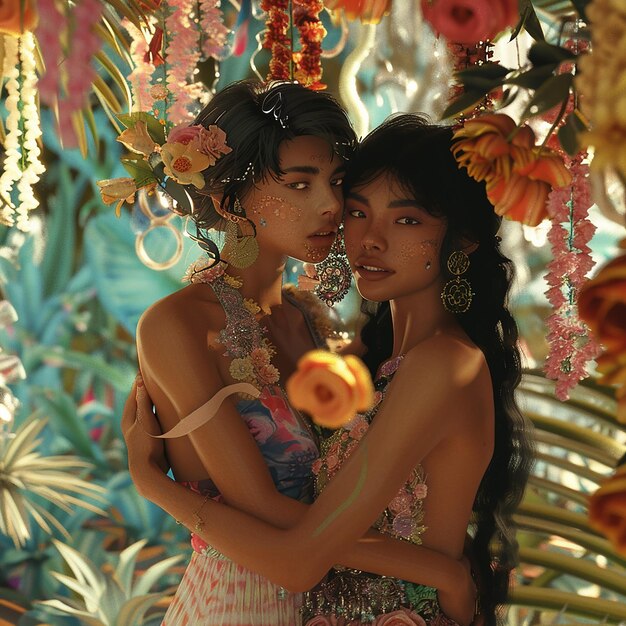 Foto duas mulheres na frente de uma árvore com flores e uma mulher de vestido